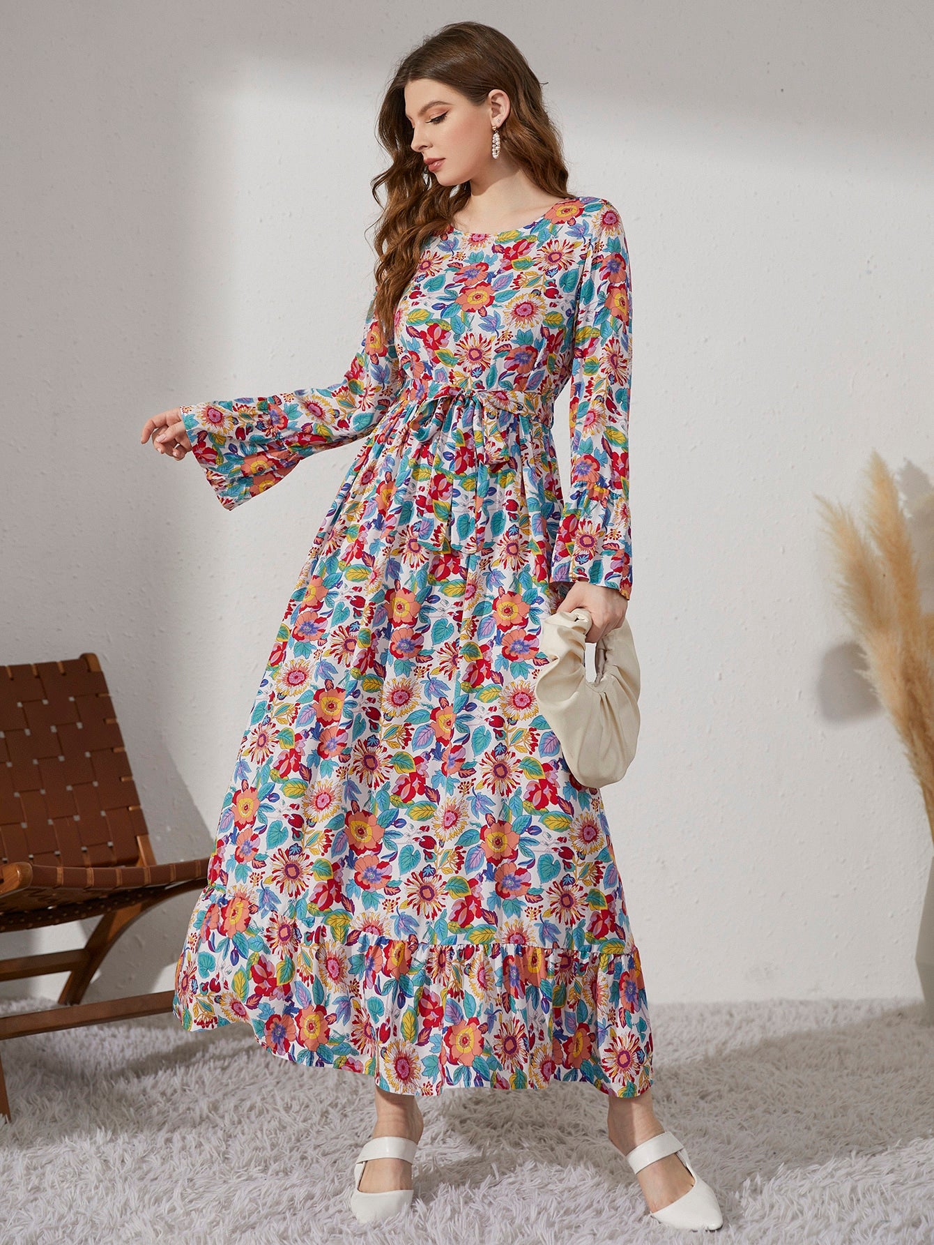 Mulvari Allover Floral Print Belted Dress