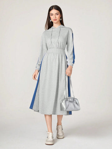 Mulvari Contrast Side Seam Drawstring Hoodie Dress