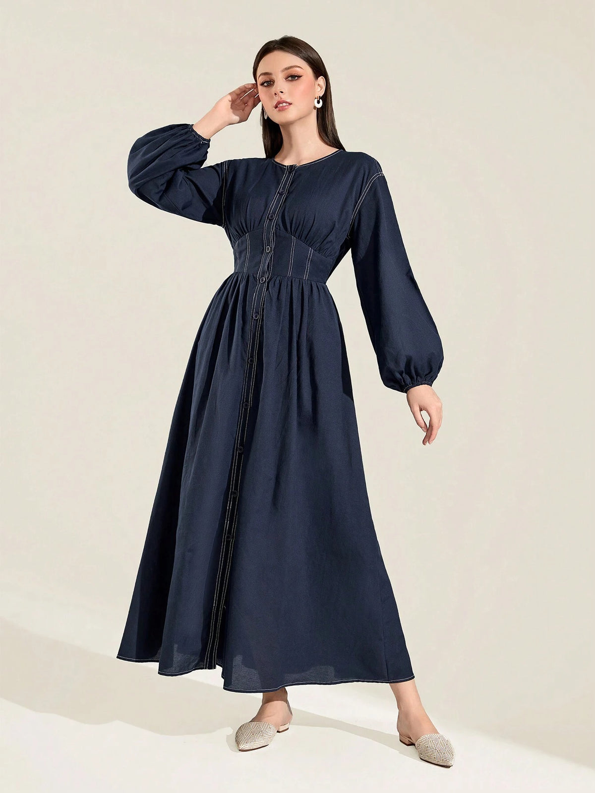 Mulvari Cotton Lantern Sleeve Corset Waist Button Up Dress