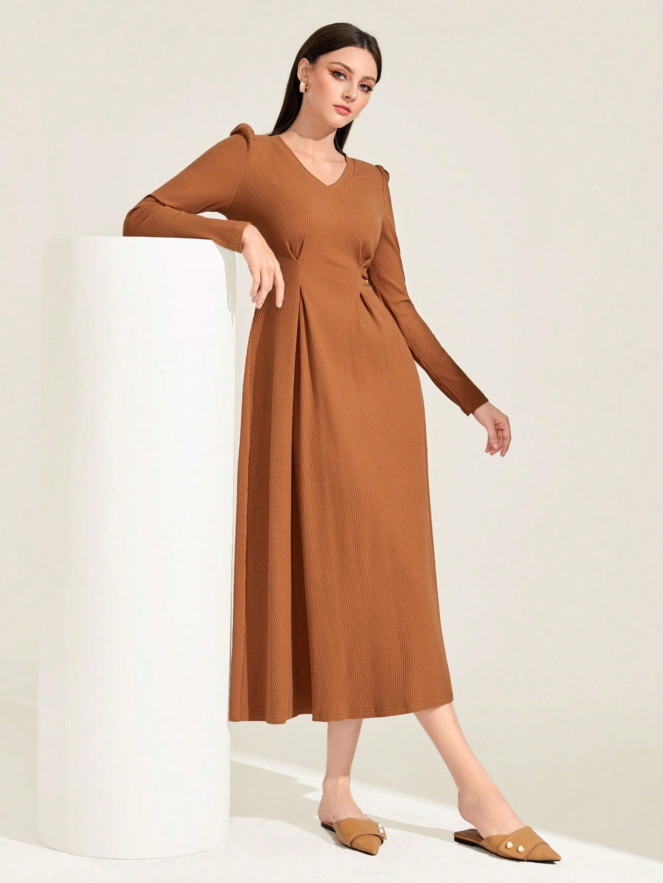 Mulvari Cotton Solid Plicated Detail Puff Sleeve A-line Dress