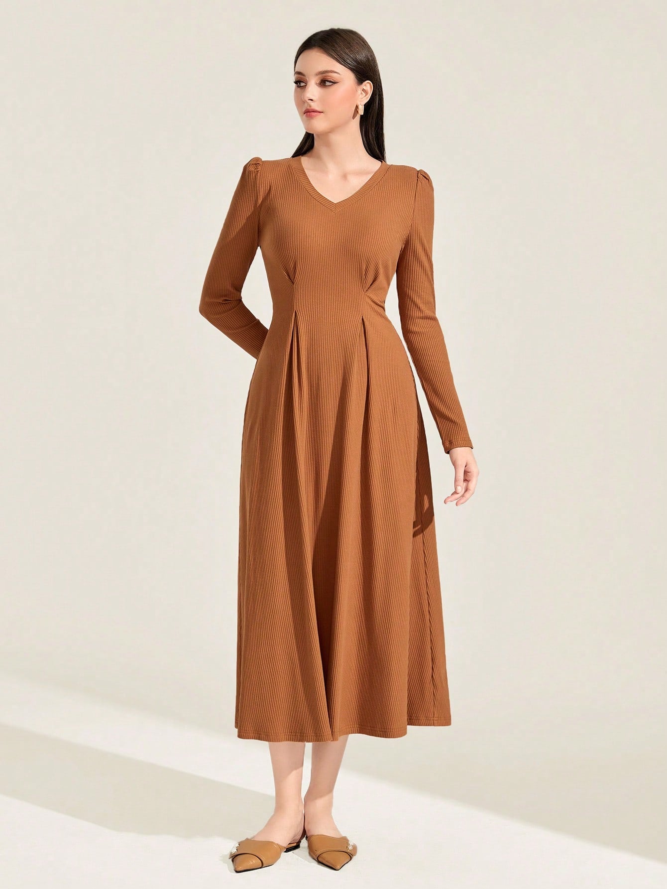 Mulvari Cotton Solid Plicated Detail Puff Sleeve A-line Dress