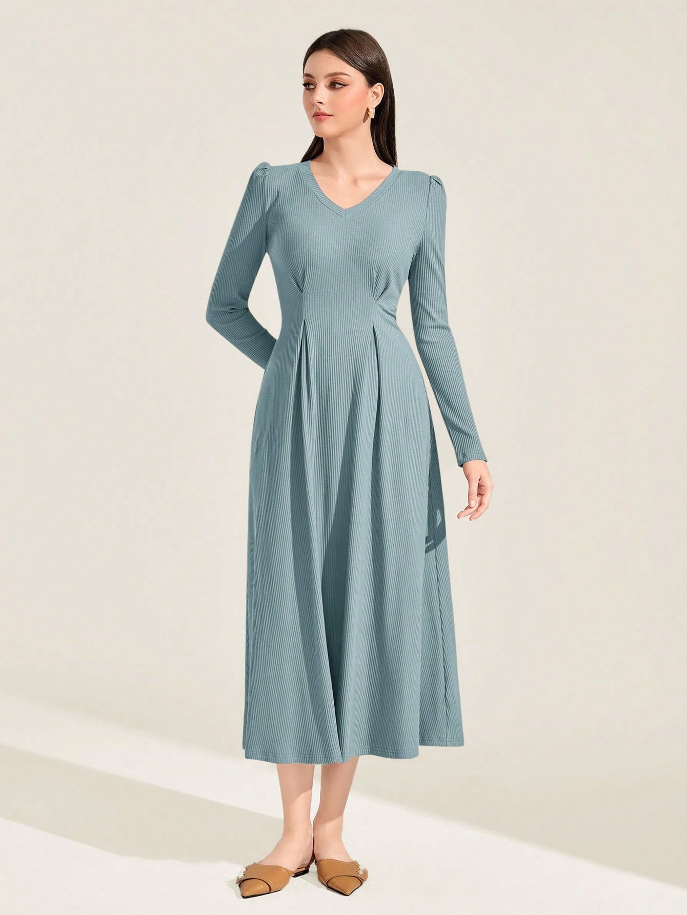 Mulvari Cotton Solid Plicated Detail Puff Sleeve A-line Dress