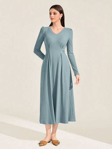 Mulvari Cotton Solid Plicated Detail Puff Sleeve A-line Dress