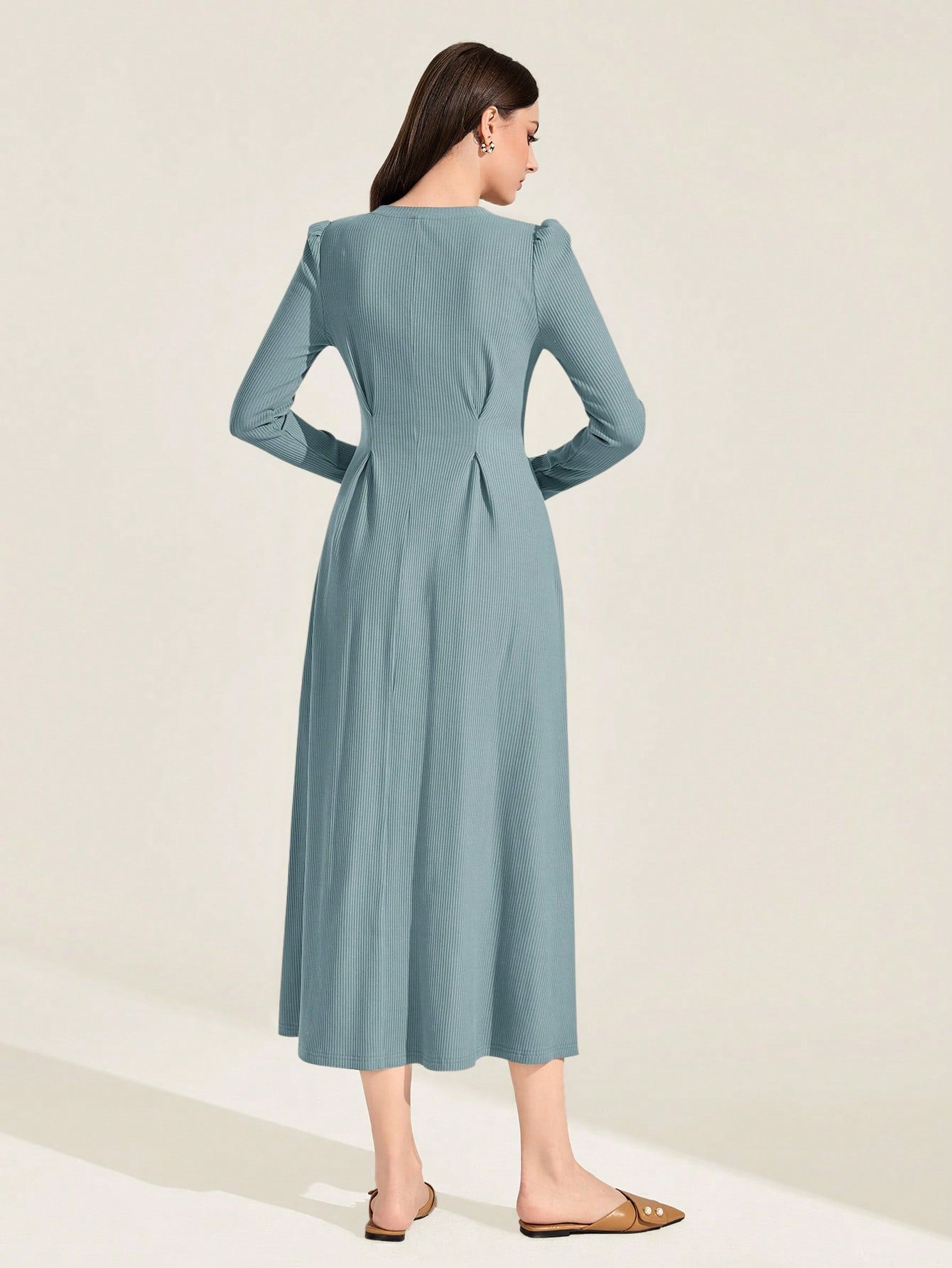 Mulvari Cotton Solid Plicated Detail Puff Sleeve A-line Dress