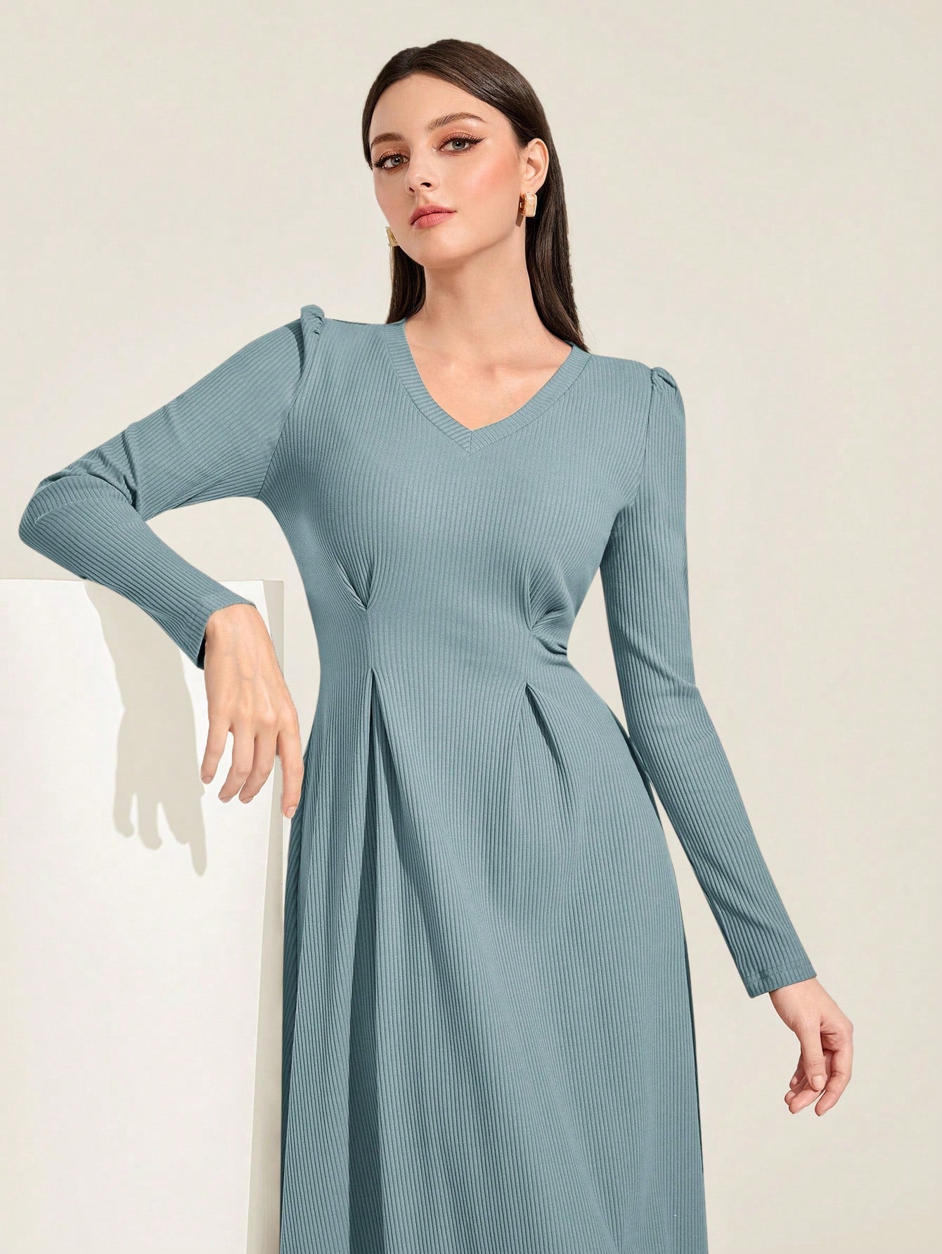 Mulvari Cotton Solid Plicated Detail Puff Sleeve A-line Dress