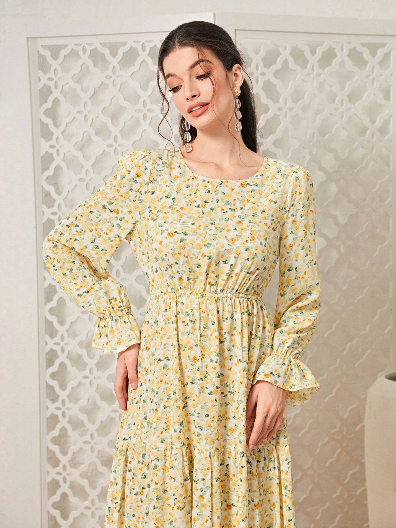 Mulvari Ditsy Floral Print Flare Sleeve Ruffle Hem Dress