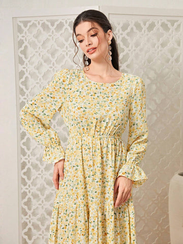 Mulvari Ditsy Floral Print Flare Sleeve Ruffle Hem Dress