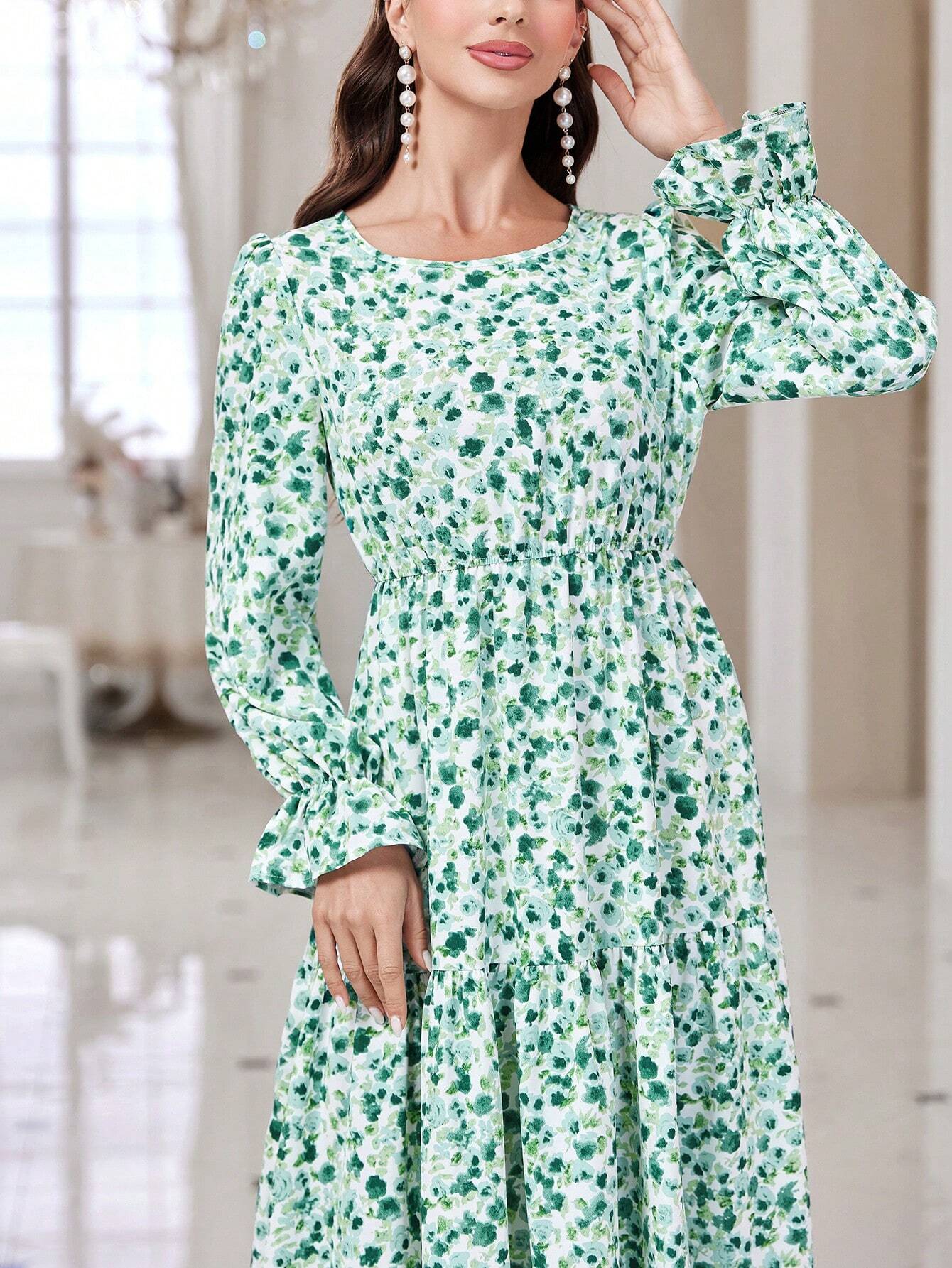 Mulvari Ditsy Floral Print Flare Sleeve Ruffle Hem Dress