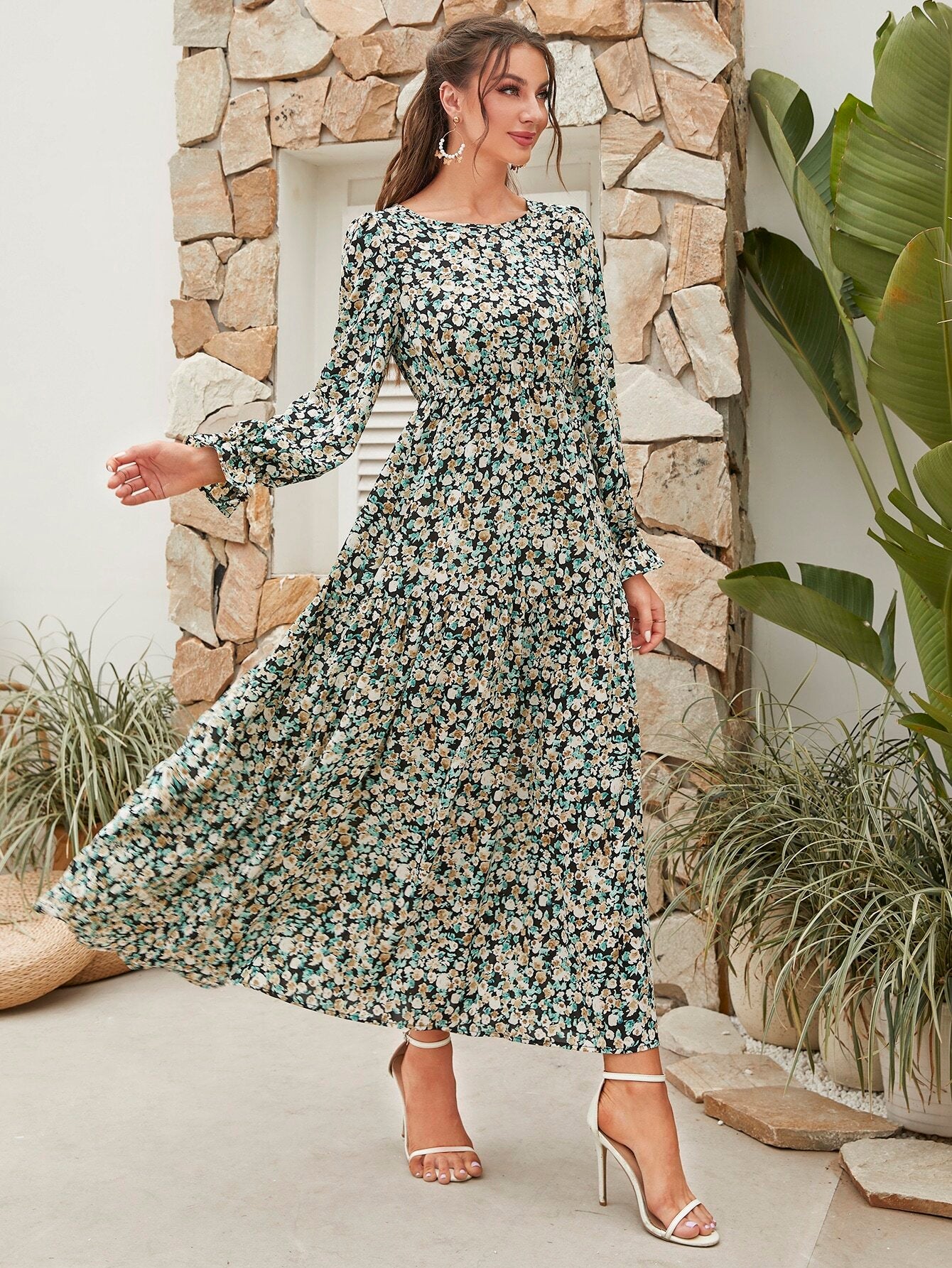 Mulvari Ditsy Floral Print Flare Sleeve Ruffle Hem Dress