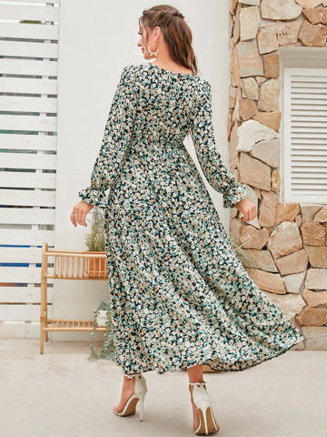 Mulvari Ditsy Floral Print Flare Sleeve Ruffle Hem Dress