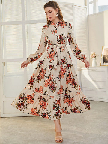 Mulvari Floral Print Flounce Sleeve Ruffle Hem Belted Dress