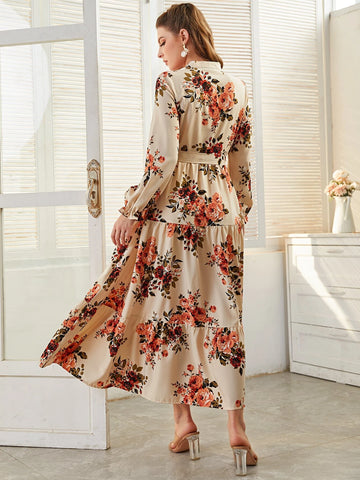 Mulvari Floral Print Flounce Sleeve Ruffle Hem Belted Dress