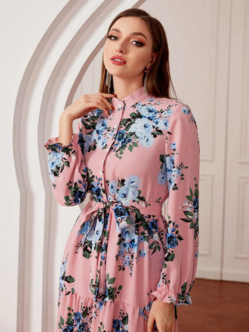 Mulvari Floral Print Flounce Sleeve Ruffle Hem Belted Dress