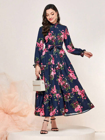 Mulvari Floral Print Flounce Sleeve Ruffle Hem Belted Dress