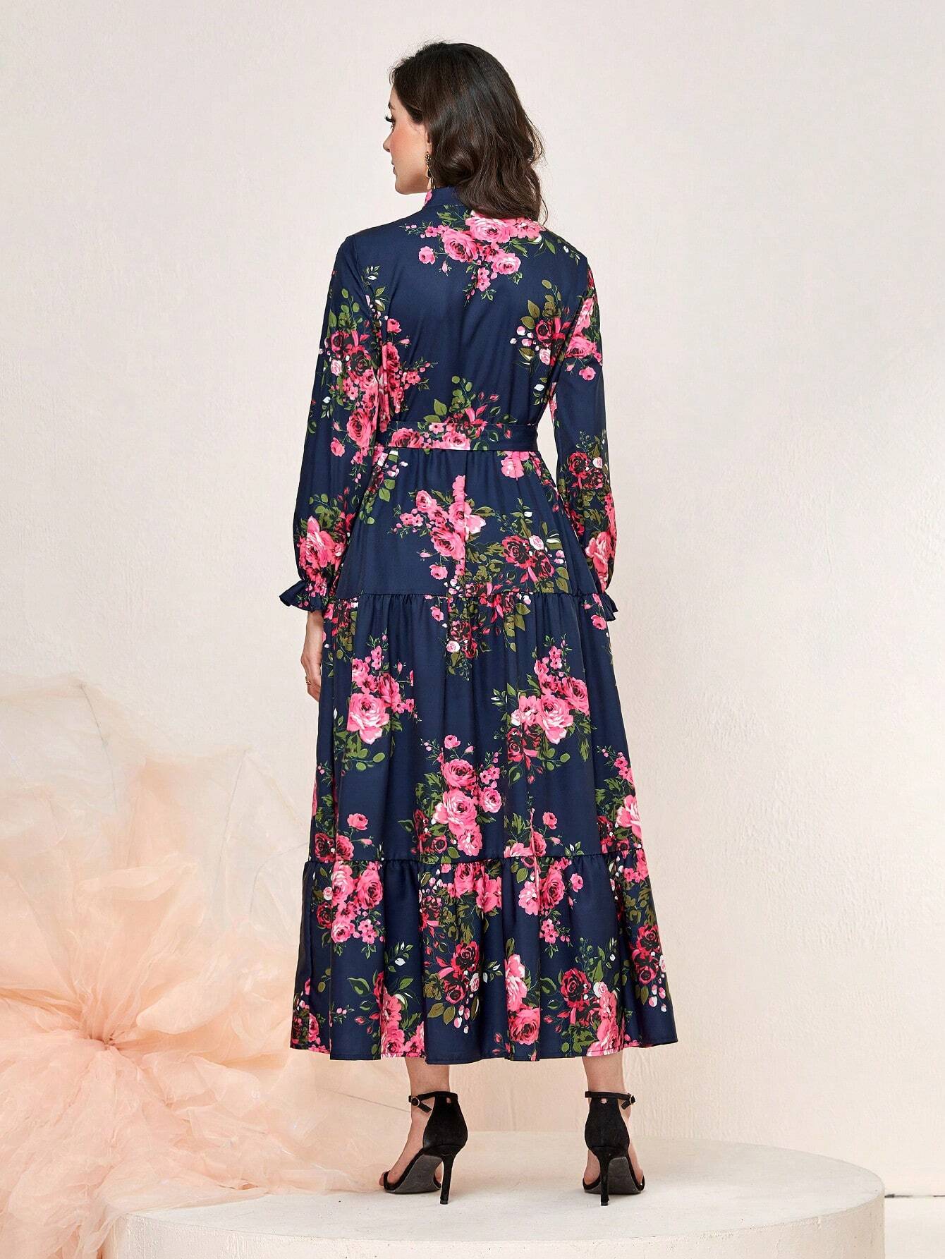 Mulvari Floral Print Flounce Sleeve Ruffle Hem Belted Dress