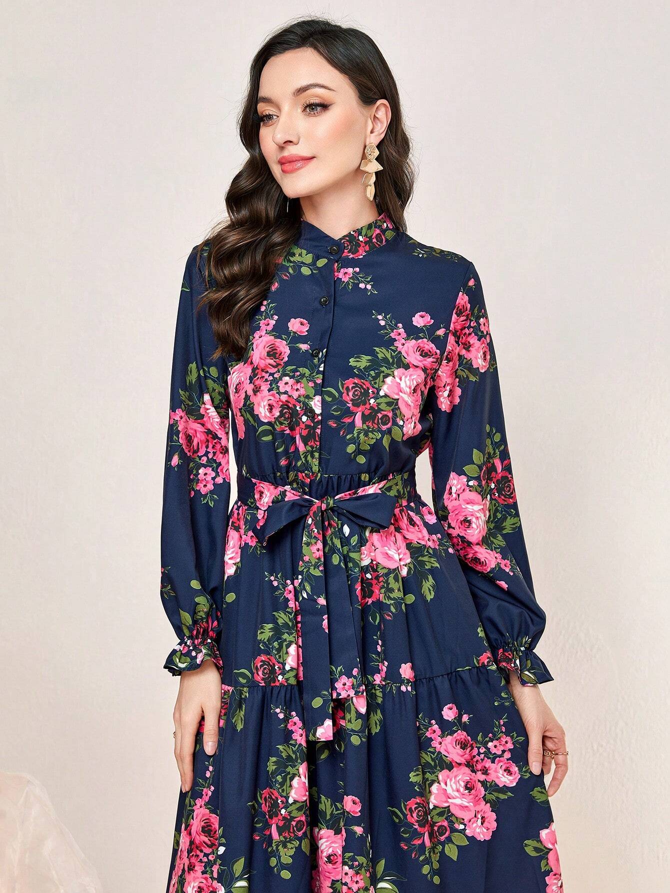 Mulvari Floral Print Flounce Sleeve Ruffle Hem Belted Dress