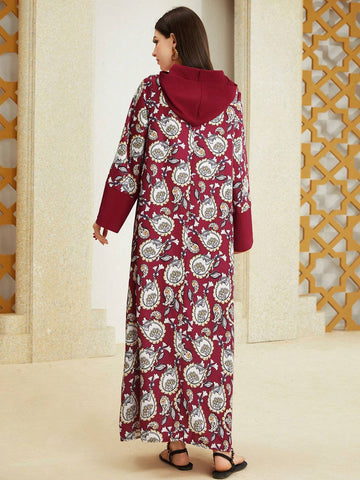 Mulvari Ladies' Hooded Arabic Floral Printed Dress