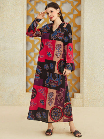 Mulvari Long Sleeve Arab Printed Dress With Plants Print