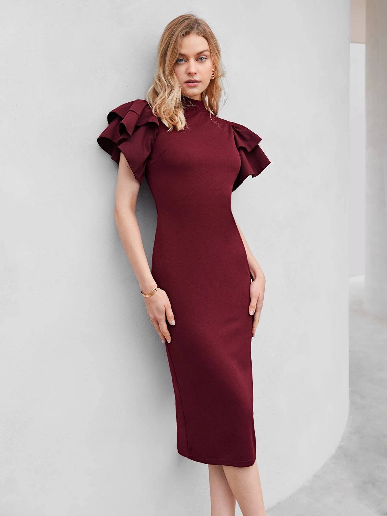 Layered Flutter Sleeve Split Back Dress