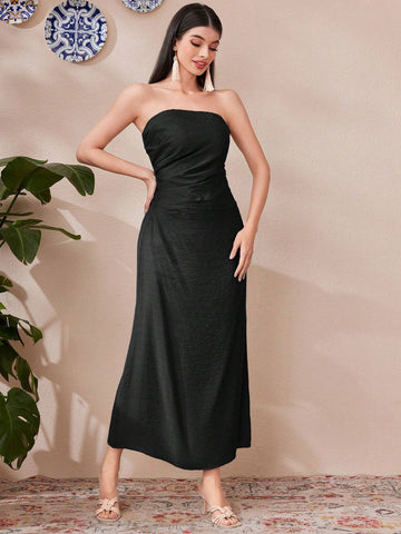 Mulvari Solid Colored Strapless A-Line Dress With Waist Tie And Button Down Shirt