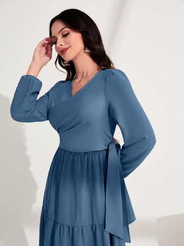 Mulvari Solid Lantern Sleeve Ruffle Hem Dress