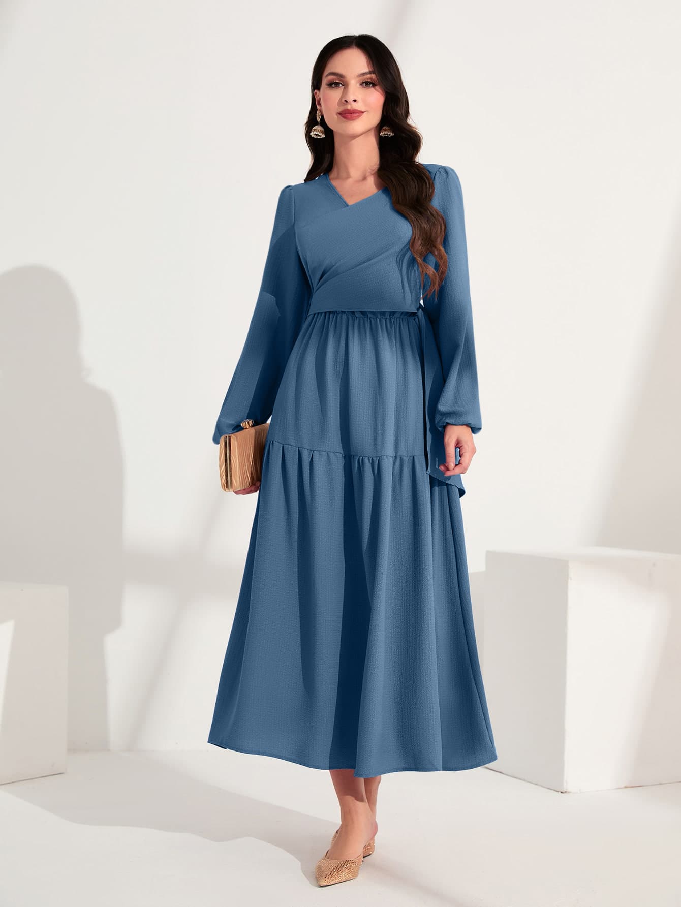 Mulvari Solid Lantern Sleeve Ruffle Hem Dress