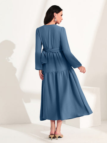 Mulvari Solid Lantern Sleeve Ruffle Hem Dress