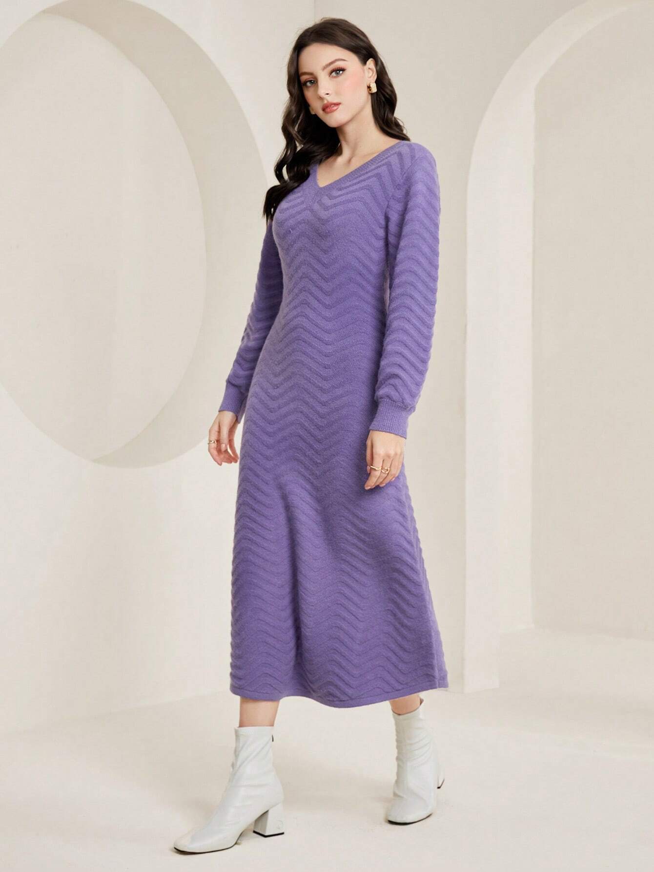 Mulvari Solid V Neck Sweater Dress