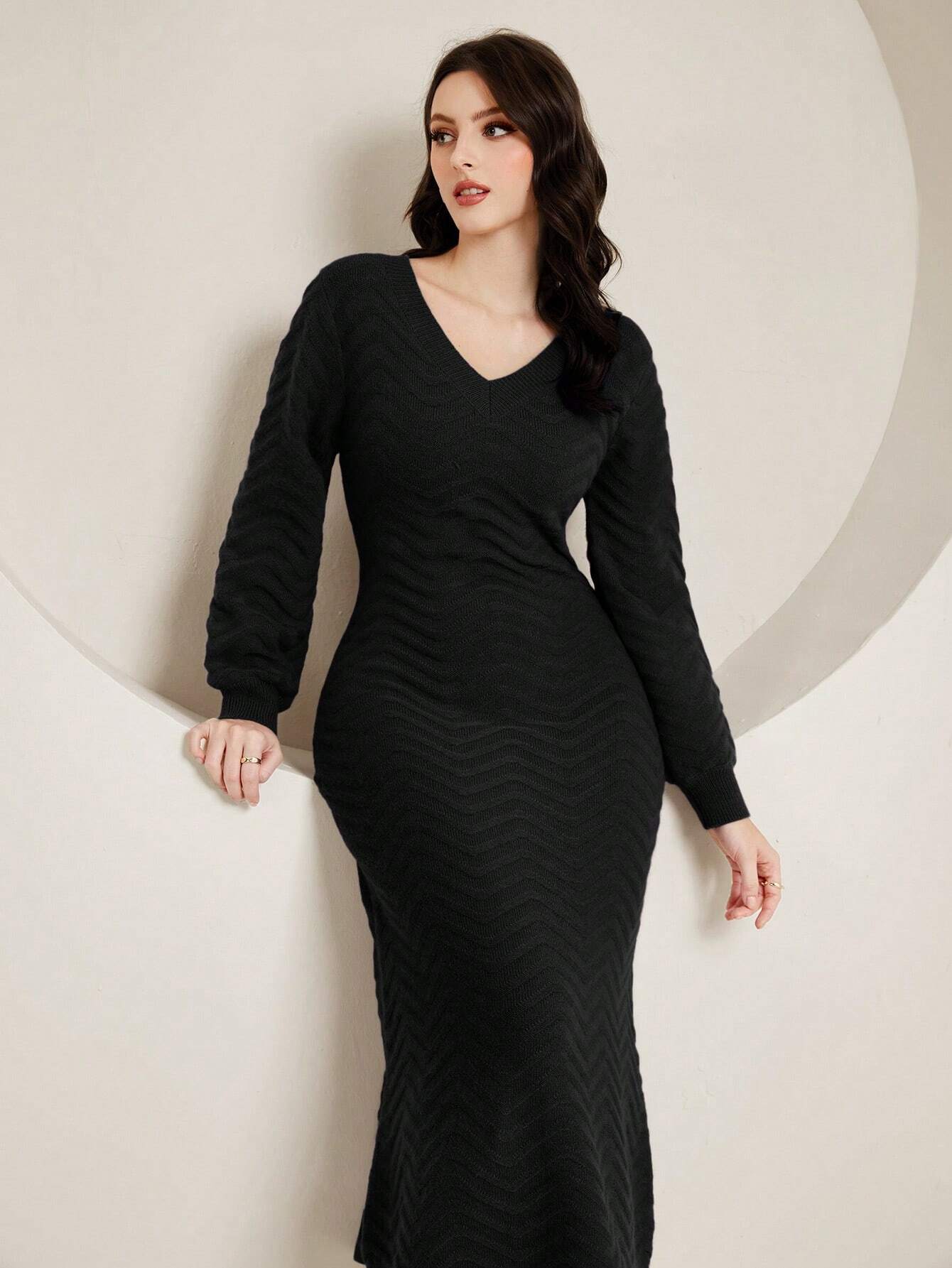 Mulvari Solid V Neck Sweater Dress