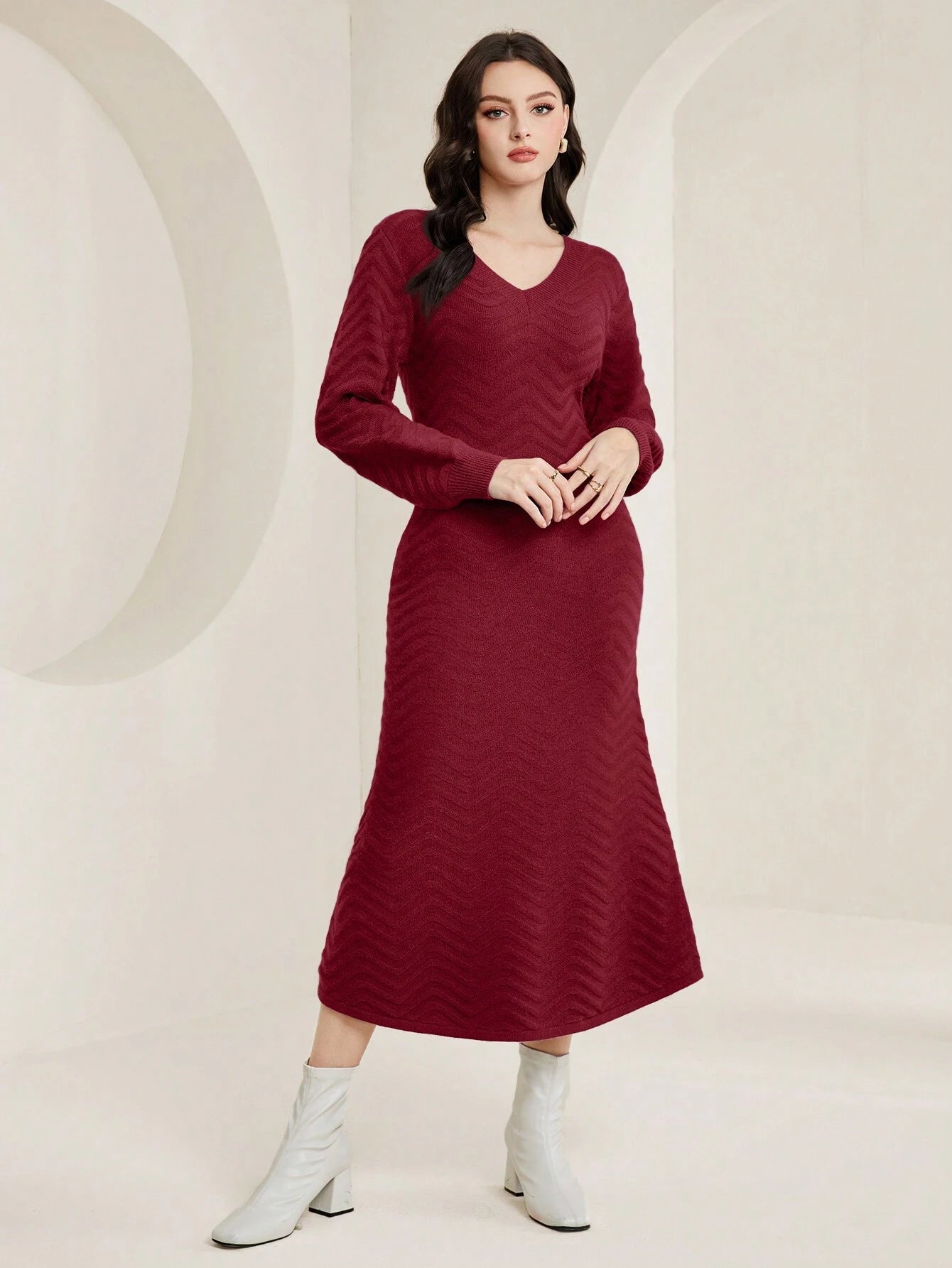 Mulvari Solid V Neck Sweater Dress