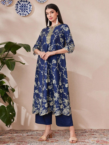 Mulvari Womens' Printed Kurta Set With Slit V-Neckline, Long Sleeve Top And Pants