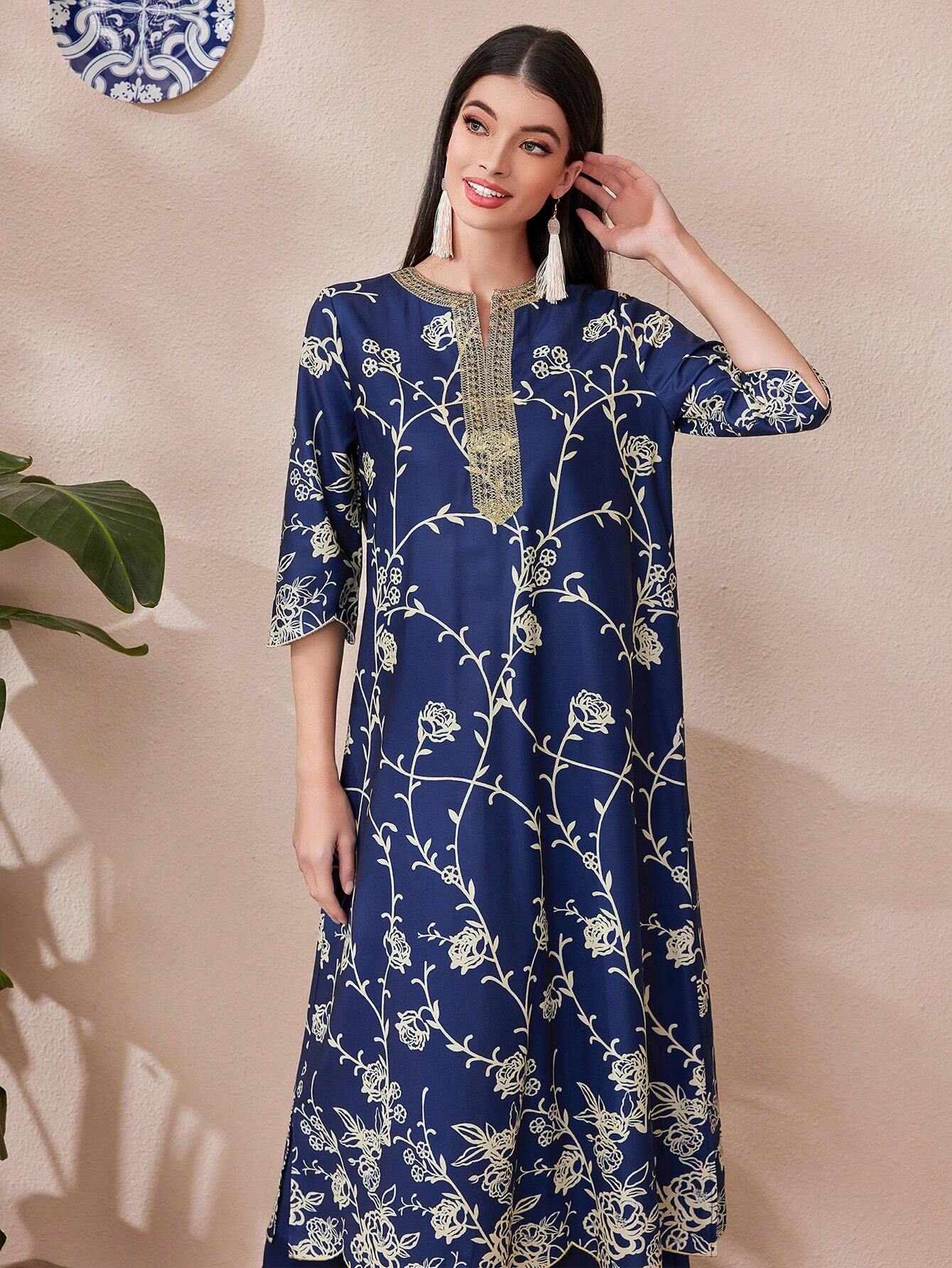 Mulvari Womens' Printed Kurta Set With Slit V-Neckline, Long Sleeve Top And Pants