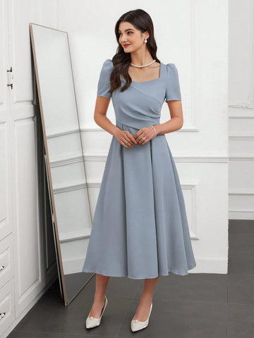 Mulvari Elegant Women Solid Color Bubble Sleeve Pleated Dresses With Sweetheart Neckline