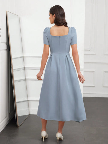 Mulvari Elegant Women Solid Color Bubble Sleeve Pleated Dresses With Sweetheart Neckline