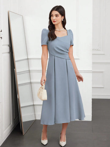 Mulvari Elegant Women Solid Color Bubble Sleeve Pleated Dresses With Sweetheart Neckline