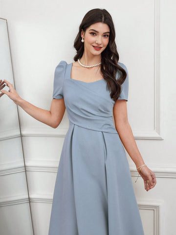 Mulvari Elegant Women Solid Color Bubble Sleeve Pleated Dresses With Sweetheart Neckline