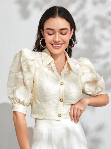 Mulvari Jacquard Puff Sleeve Shirt Without Camisole