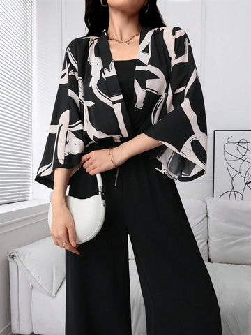 Mulvari Women's Random Print Top, Solid Color Camisole, And Jumpsuit