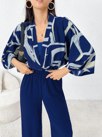 Mulvari Women's Random Print Top, Solid Color Camisole, And Jumpsuit