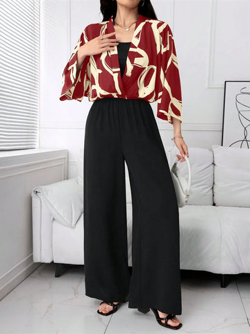 Mulvari Women's Random Print Top, Solid Color Camisole, And Jumpsuit