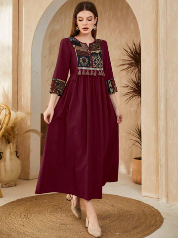 Najma Arabic Style Geometric Pattern Patchwork Fringed Dress