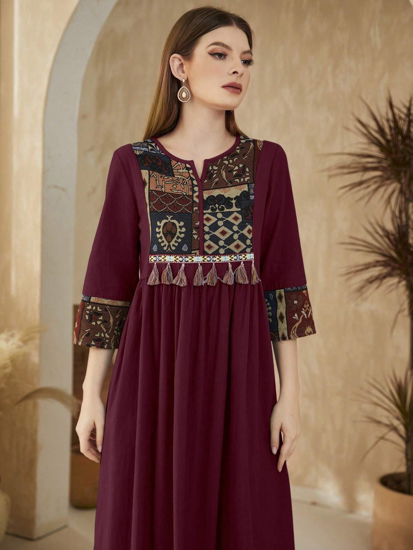 Najma Arabic Style Geometric Pattern Patchwork Fringed Dress