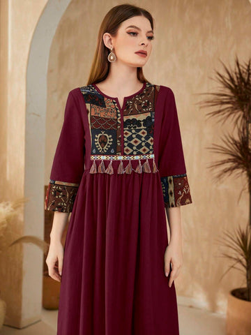 Najma Arabic Style Geometric Pattern Patchwork Fringed Dress