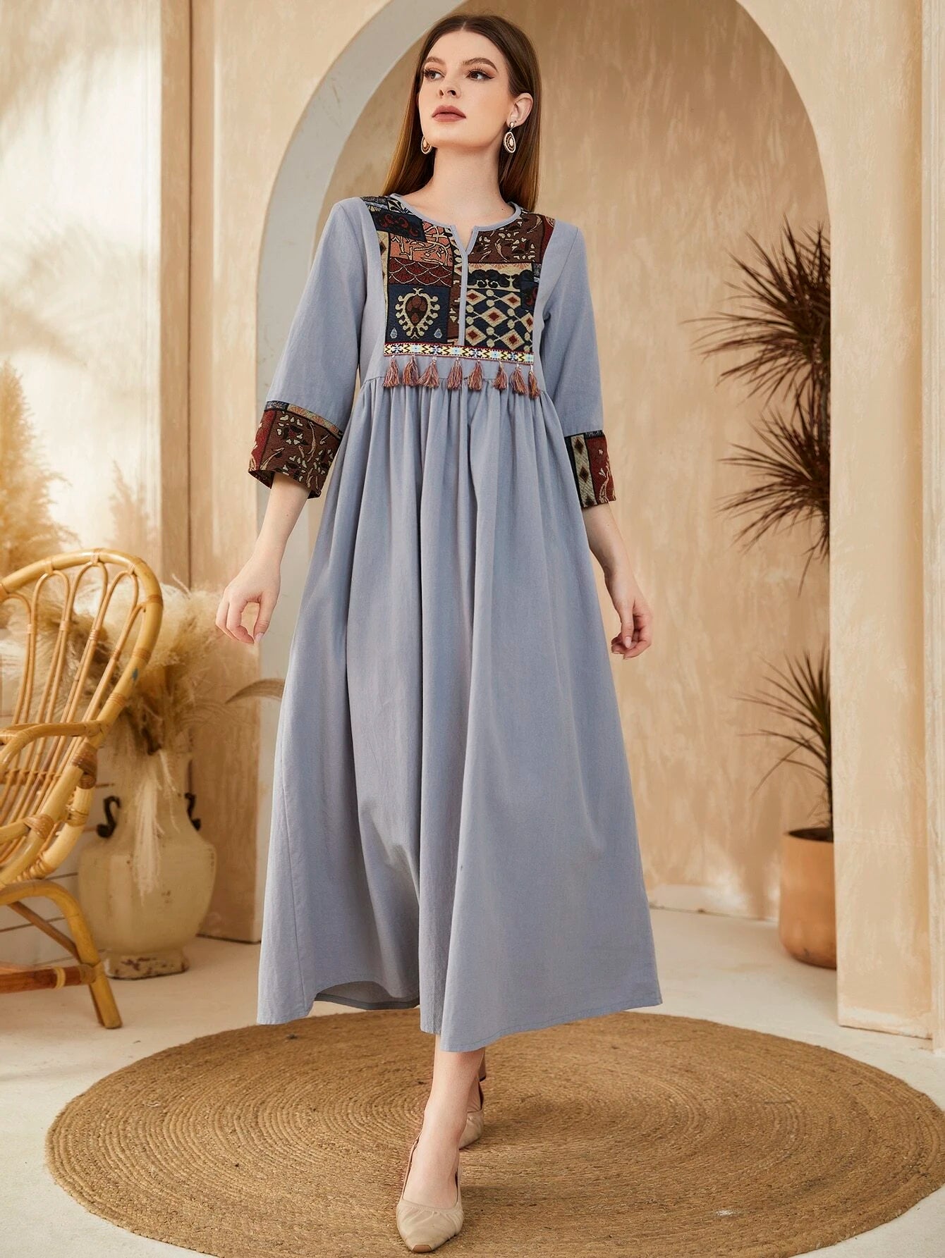 Najma Arabic Style Geometric Pattern Patchwork Fringed Dress