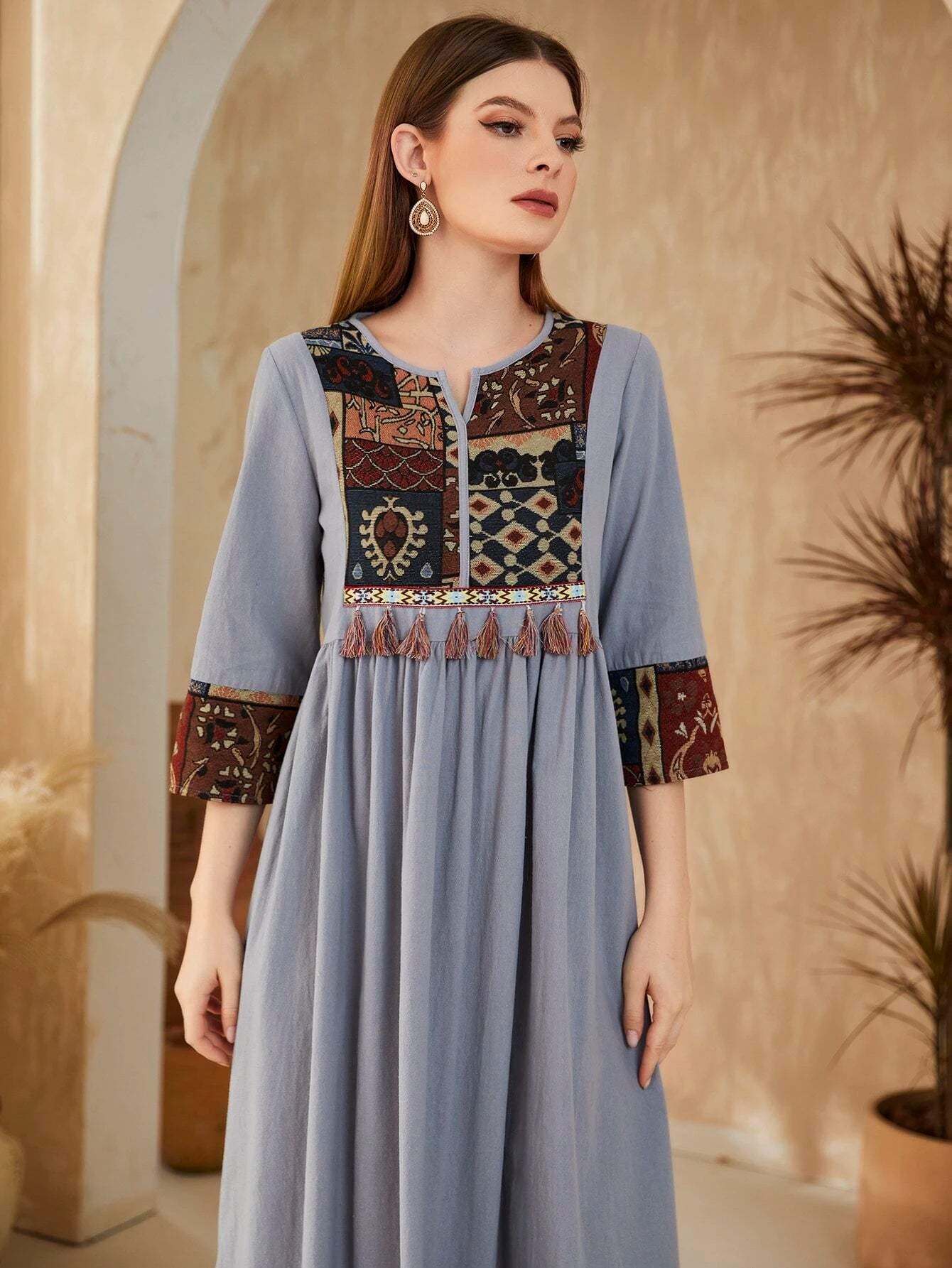 Najma Arabic Style Geometric Pattern Patchwork Fringed Dress