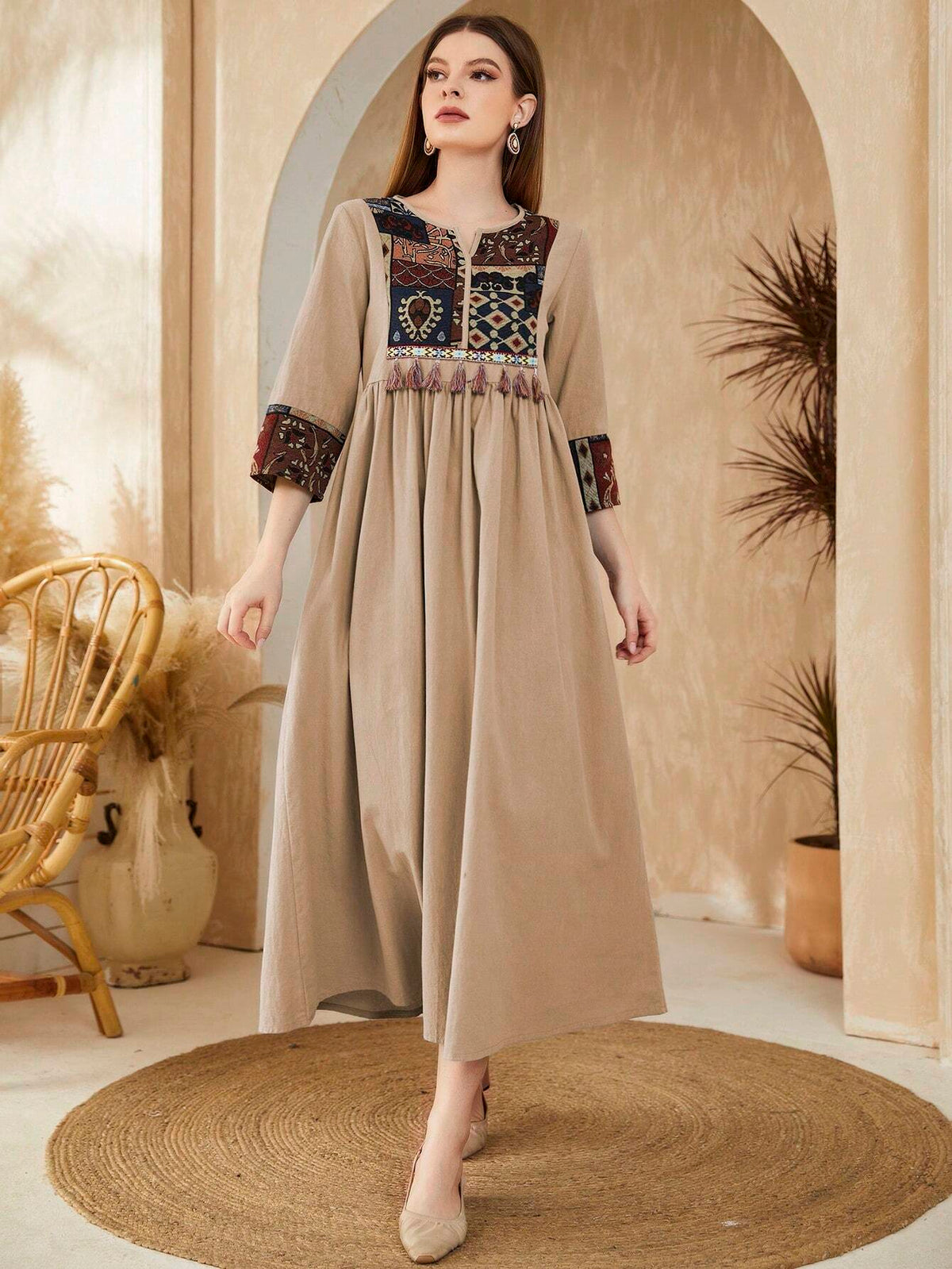 Najma Arabic Style Geometric Pattern Patchwork Fringed Dress