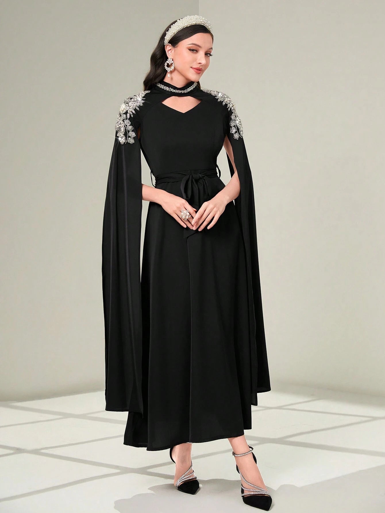 Najma Pearls Detail Cloak Sleeve Belted Kaftan