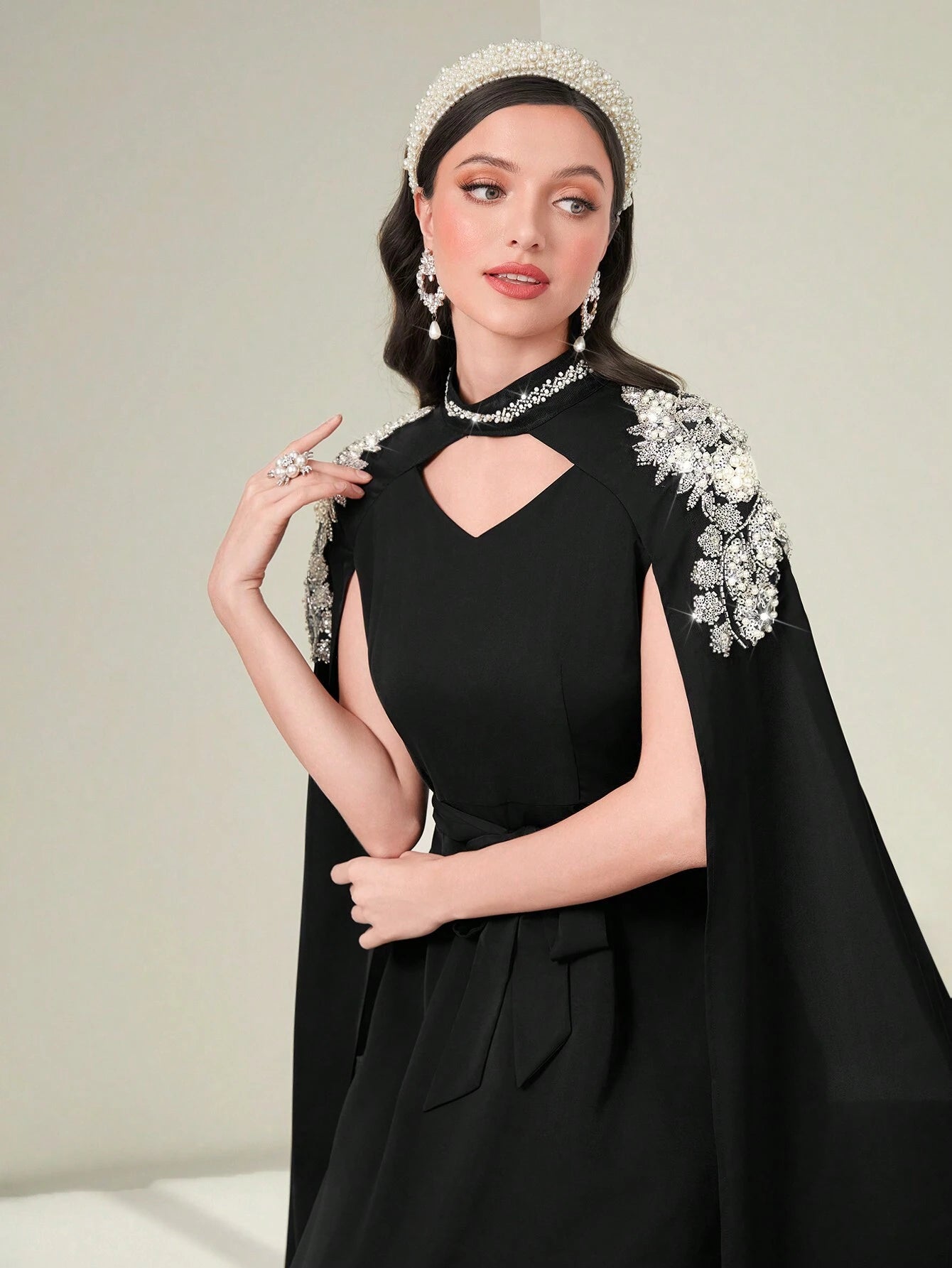 Najma Pearls Detail Cloak Sleeve Belted Kaftan