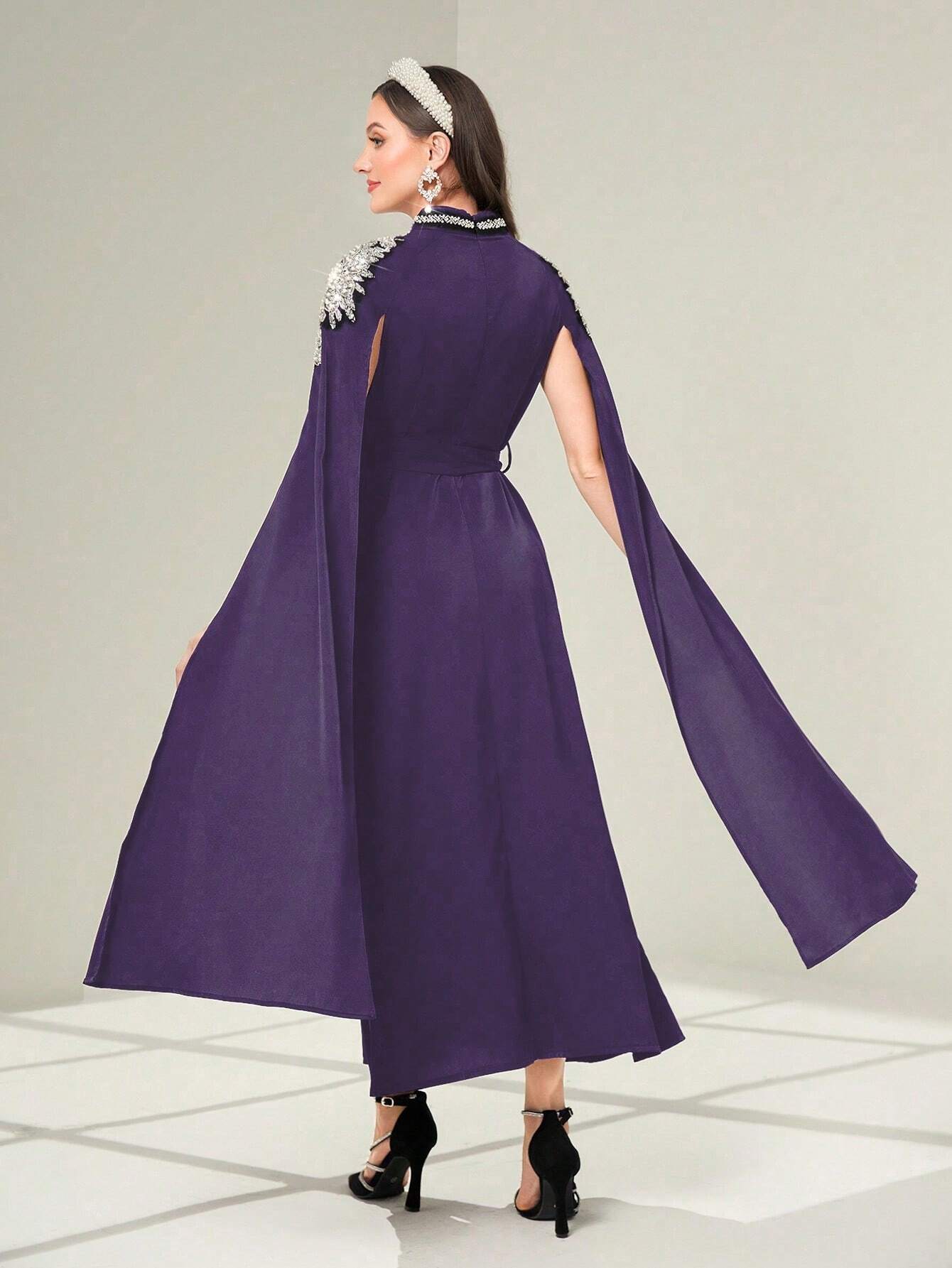 Najma Pearls Detail Cloak Sleeve Belted Kaftan