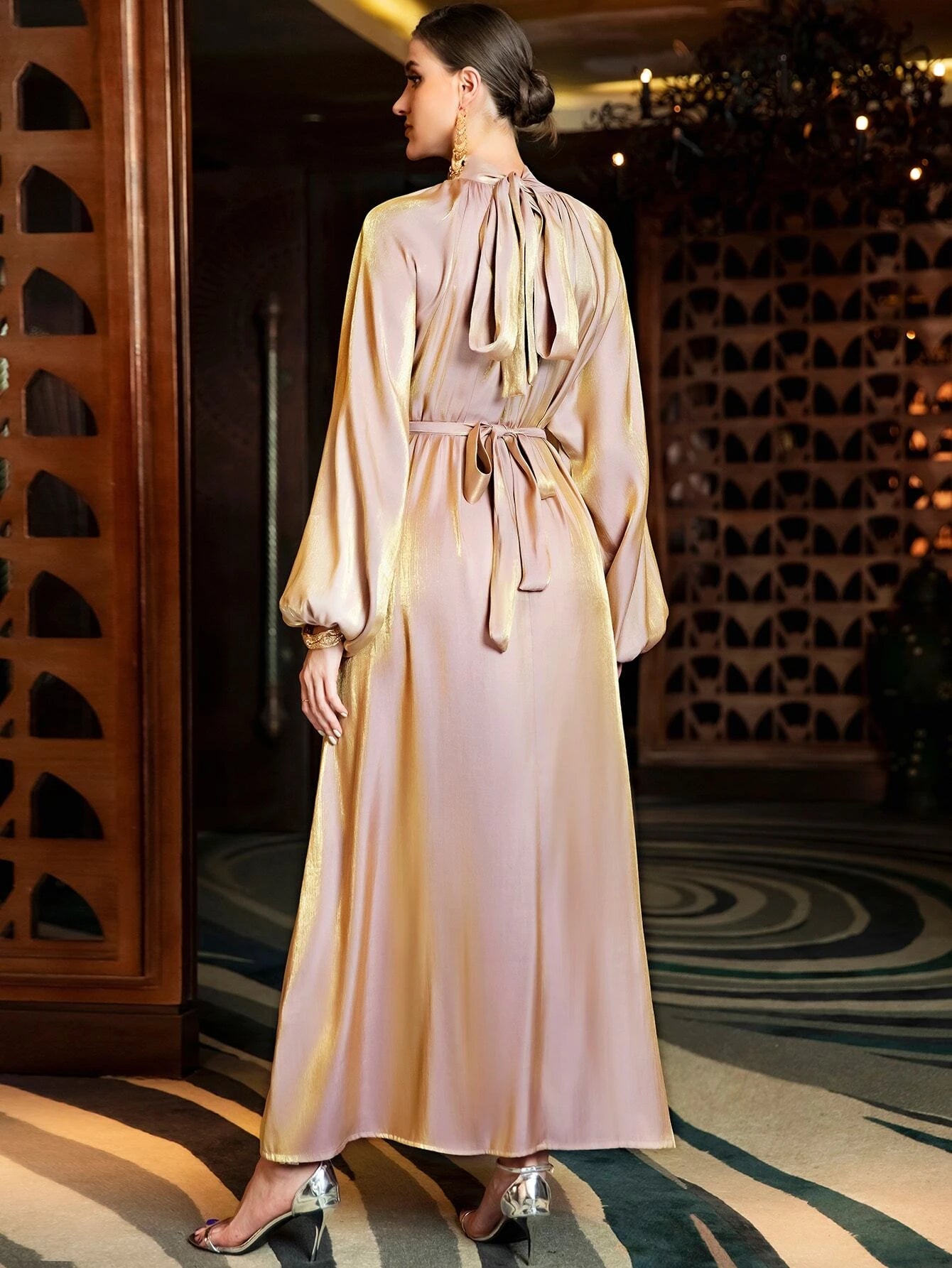 Najma Rhinestone Detail Mock Neck Bishop Sleeve Belted Kaftan